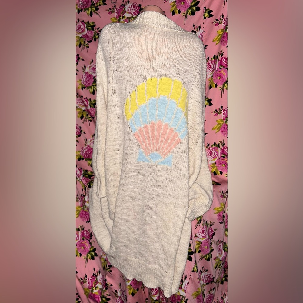 Wildfox seashell mermaid cotton blend long cardigan open front sweater pastel L